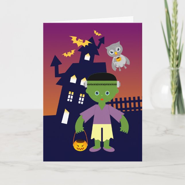 Tarjeta Casa encantada y bruja y Frankenstein de Halloween (Anverso)