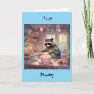Tarjeta Casa-Encantadora-Cottagecore Mapache en cocina Cum