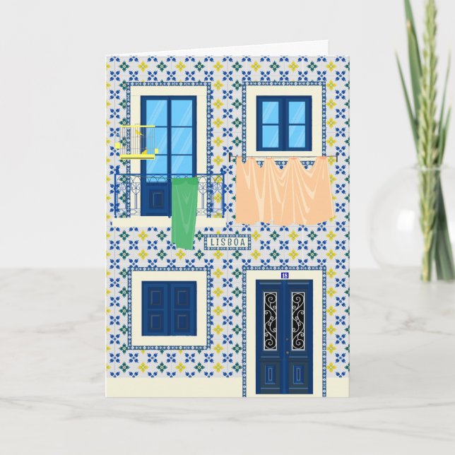 Tarjeta Casa portuguesa de Lisboa con azulejos y pájaro (Anverso)