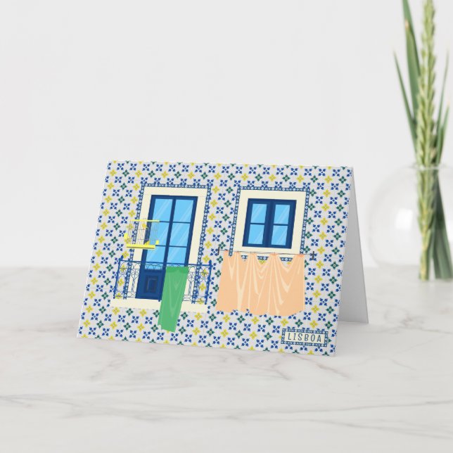Tarjeta Casa portuguesa de Lisboa con azulejos y pájaro (Anverso)