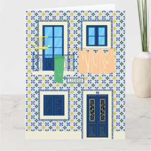 Tarjeta Casa portuguesa lisboeta con azulejos y pájaro