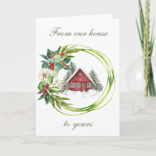 Tarjeta Casa roja con festividad de gloria y gloria