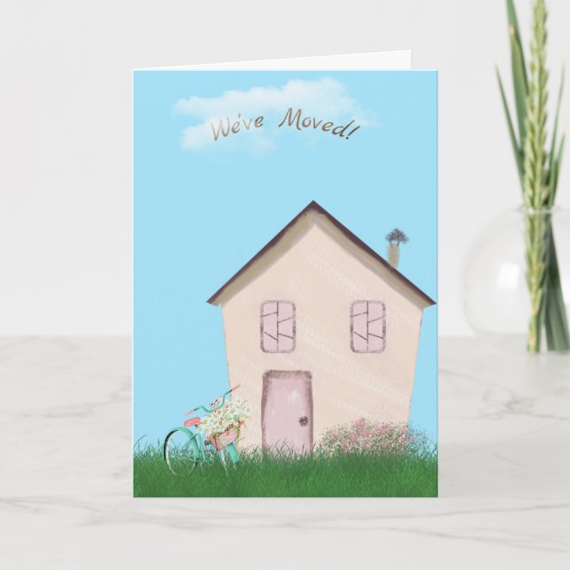 Tarjeta casa rosa con bicicleta y gato para nuevo hogar (Anverso)