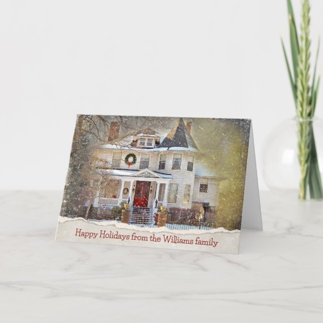 Tarjeta Casa victoriana de navidades con apellido (Anverso)