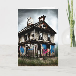 Tarjeta Casa vieja abandonada con grafitis de aerosol