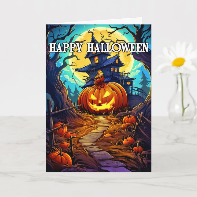 Tarjeta Casa y calabaza embrujada (Planta pequeña)