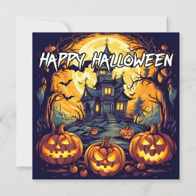 Tarjeta Casa y calabazas embrujadas | Feliz Halloween (Anverso)