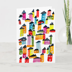 Tarjeta Casas coloridas y bonitas arte acuarela