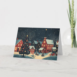 Tarjeta Casas nevadas con árboles decorados