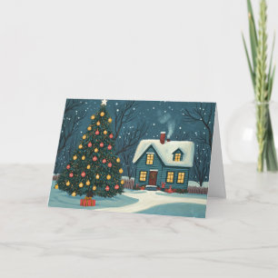 Tarjeta Casas nevadas y árboles de Navidad lisos