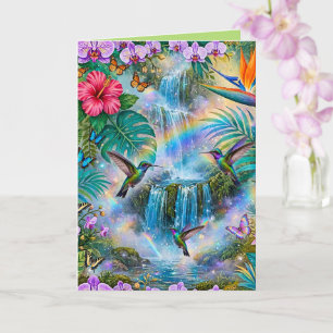 Tarjeta Cascadas de fantasía de la selva Colibríes Arcoíri