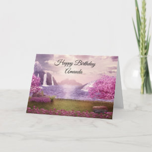 Tarjeta Cascadas y cerezos alrededor de un cumpleaños en e