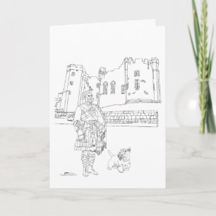 Tarjeta Castillo de Alnwick, caballero con kilt, perro Sco