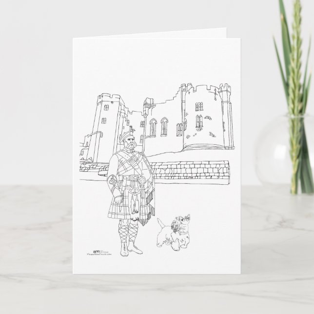 Tarjeta Castillo de Alnwick, caballero con kilt, perro Sco (Anverso)