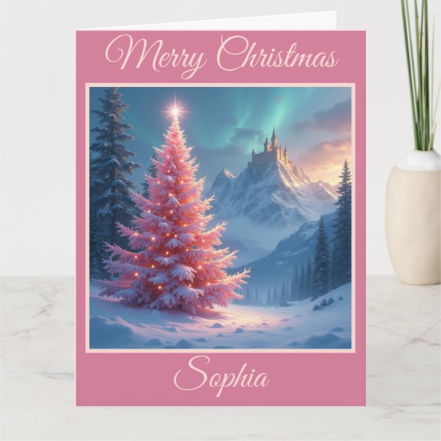 Tarjeta Castillo de cuento de hadas y árbol rosado para na (Anverso)