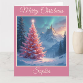 Tarjeta Castillo de cuento de hadas y árbol rosado para na
