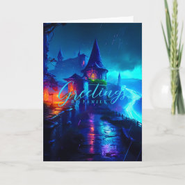 Tarjeta Castillo de fantasía mágica de neón ciberpunk noct