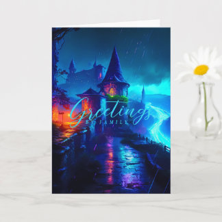 Tarjeta Castillo de fantasía mágica de neón ciberpunk noct