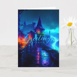 Tarjeta Castillo de fantasía mágica de neón ciberpunk noct
