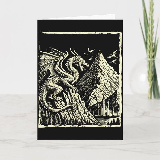 Tarjeta Castillo de montaña de dragón medieval hombres muj (Anverso)