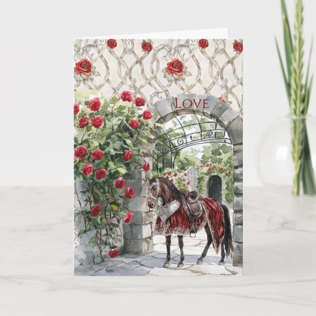 Tarjeta Castillo Rojo Real Caballo Rosas Románticas (Anverso)