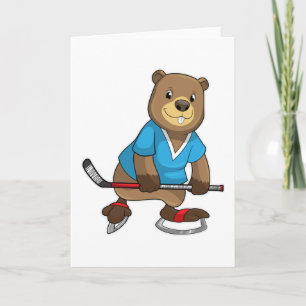 Tarjeta Castor en hockey sobre hielo con palo de hockey so