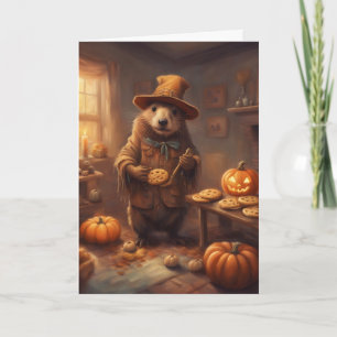 Tarjeta Castor espantapájaros horneando galletas Halloween