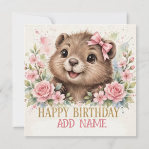 Tarjeta Castor hembra: animalito con lazo y flores pastel
