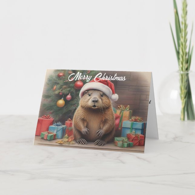 Tarjeta castor usando sombrero santa con regalos de Christ (Anverso)