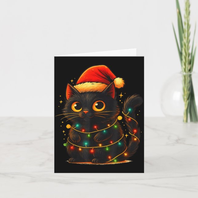 Tarjeta Cat Black Christmas Tree Lights Funny Santa Kitten (Anverso)