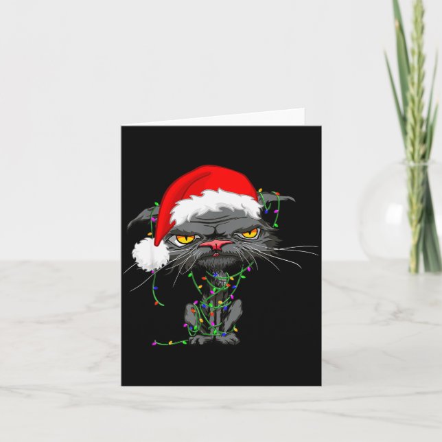 Tarjeta Cat Christmas Lights Bored Cat Santa Hat Funny Cat (Anverso)