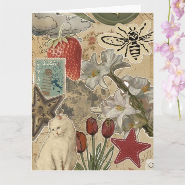 Tarjeta Cat Floral Collage Pattern – Cute Artistic Design (Orquídea)
