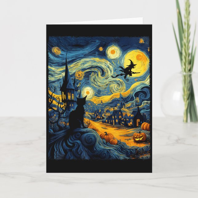 Tarjeta Cat Halloween Van Gogh Starry Night Pumpkin Men Wo (Anverso)