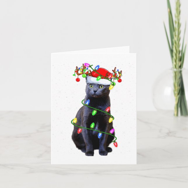 Tarjeta Cat Lover Xmas Lighting Santa Russian Blue Cat Chr (Anverso)