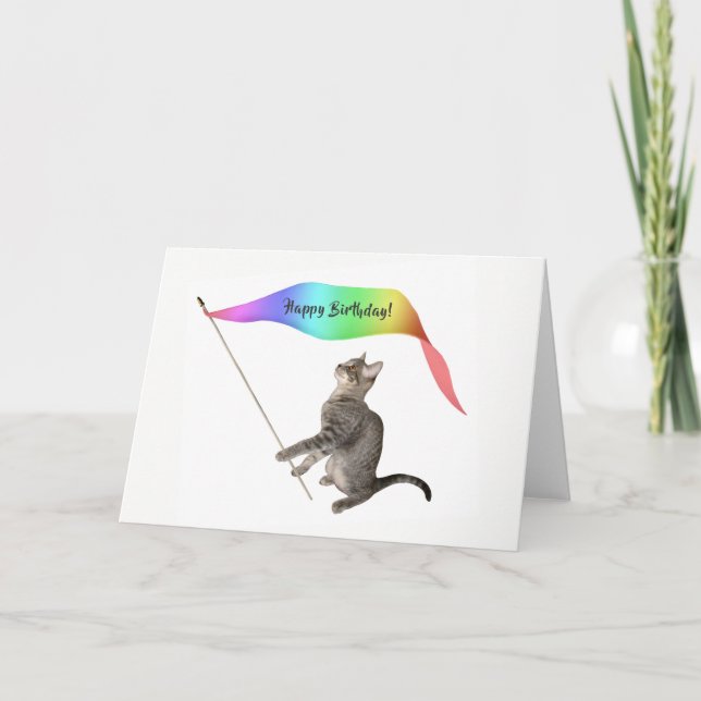 Tarjeta Cat Rainbow Banner Birthday Card (Anverso)