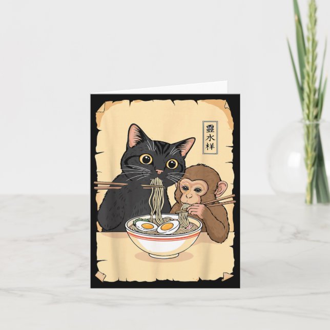 Tarjeta Cat Ramen Monkey Shirt Funny Cat Monkey Eating Ram (Anverso)
