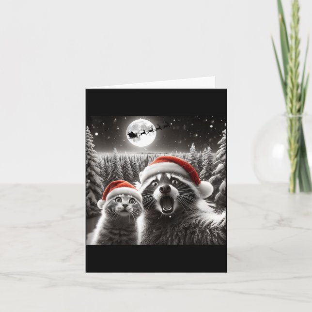 Tarjeta Cat Selfie Racoon Funny Santa Christmas Dog  (Anverso)