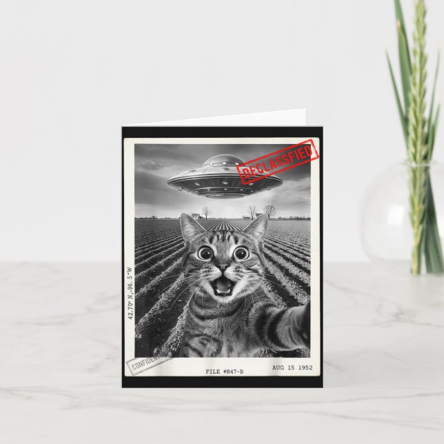Tarjeta Cat Selfie Ufo Alien Funny Surprised Cat Meme Men  (Anverso)