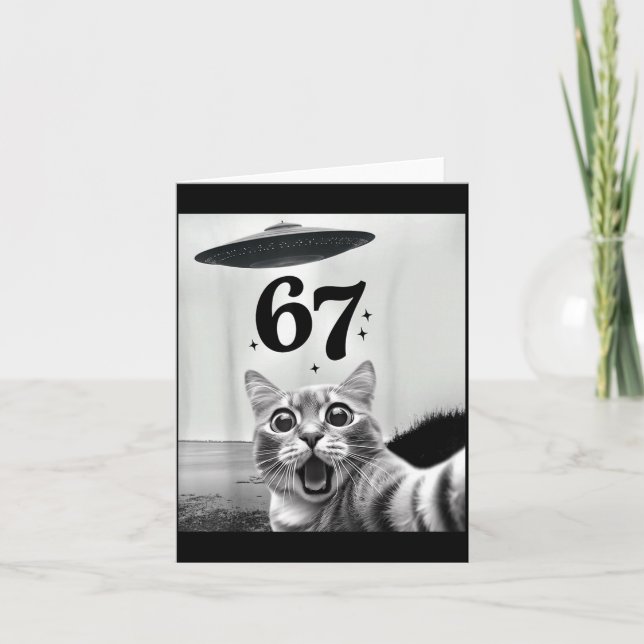 Tarjeta Cat Selfie With Alien Ufo And 67 Funny 6 7 For Men (Anverso)
