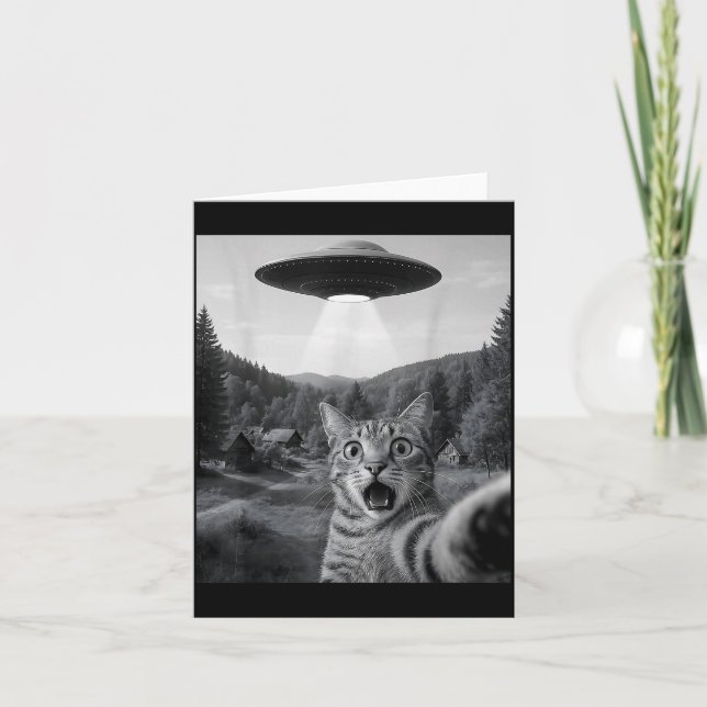 Tarjeta Cat Selfie With Alien Ufo Funny Cat Funny Ed Cat  (Anverso)