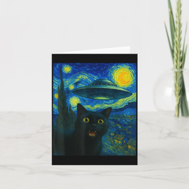 Tarjeta Cat Selfie With Alien Ufo Night Van Gogh Men Women (Anverso)