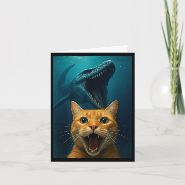Tarjeta Cat Selfie With Mosasaurus Dinosaur For Boys Kids  (Anverso)