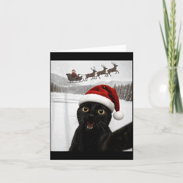 Tarjeta Cat Selfie With Santa Funny Black Cat Christmas Me (Anverso)