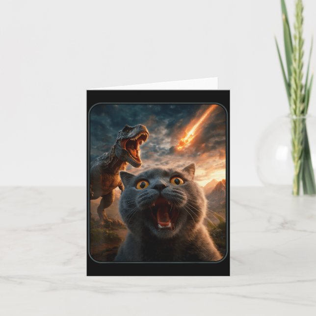 Tarjeta Cat Selfie With T-rex Dinosaur Funny Cat T Rex Shi (Anverso)