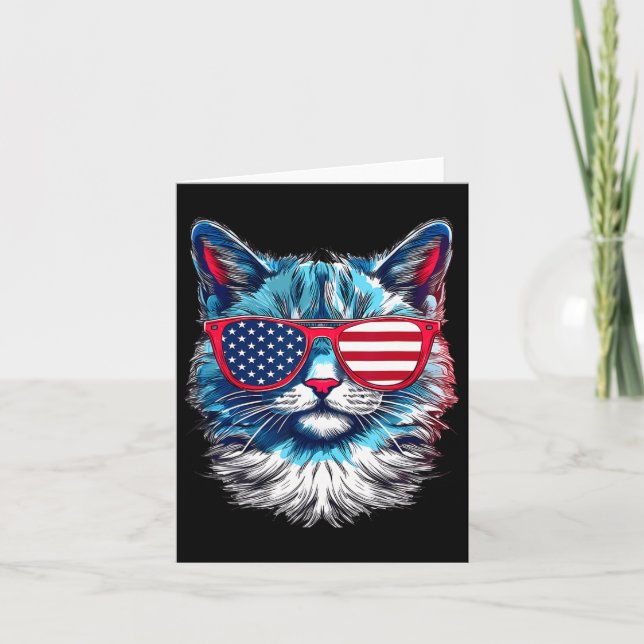 Tarjeta Cat Sungles Bandera Estadounidense 4 De Julio Día  (Anverso)