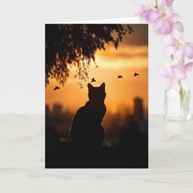 Tarjeta Cat Sympathy Loss of Cat Sunset With Birds (Orquídea)