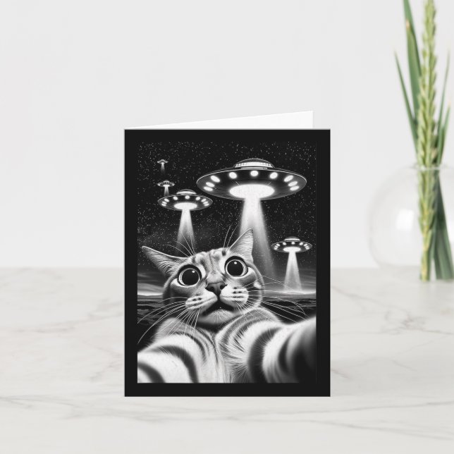 Tarjeta Cat Ufo Gracioso Meme De Invasión Retro Alien Cat  (Anverso)
