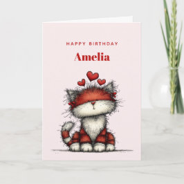 Tarjeta Cat with Red Love Hearts Cute and Funny Birthday