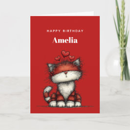 Tarjeta Cat with Red Love Hearts Cute and Funny Birthday
