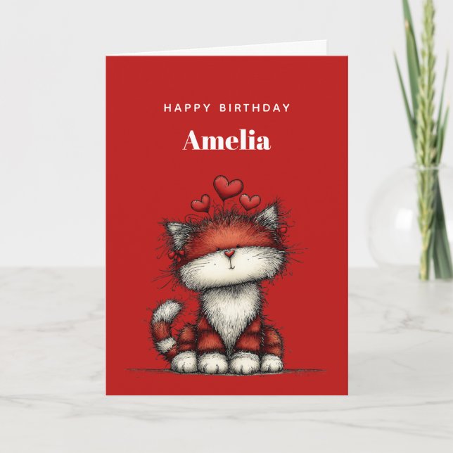Tarjeta Cat with Red Love Hearts Cute and Funny Birthday (Anverso)